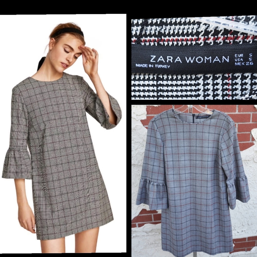 New SMALL women ZARA Plaid long sleeve bell short Shift Dress Office